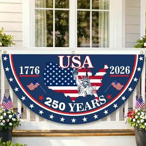 USA 250th Anniversary Polyester Semicircle Fence Banner, 1776–2026 Patriotic Bunting Flag, American Flag Half Round Banner, Fourth Of July Independence Day Outdoor Decor, USA 250 Years Porch Fence Party Banner