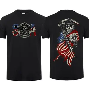 Sons of Anarchy USA Flag Skull Reaper Shirt Biker Motorcycle Tee SAMCRO Graphic Vintage American Flag T-Shirt for Men