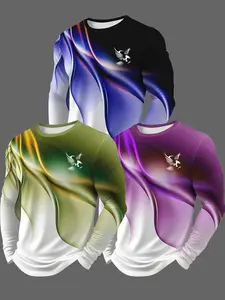 Men's Fashion Casual Round Neck Long Sleeve T-Shirt, Geometric Pattern, Fitted H-Type, All Seasons, 3-Pack, Washed Design