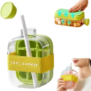 Ice Cube Tray - 2 in 1 Water Bottle Ice Cube Molds & Trays - Square Tray with Lid and Bin Kettle - Portable Pressed Silicone Ice Box with Straw - Ice Mold Freezer Hockey Cocktail Coffee Whiskey Champagne Beer Juice