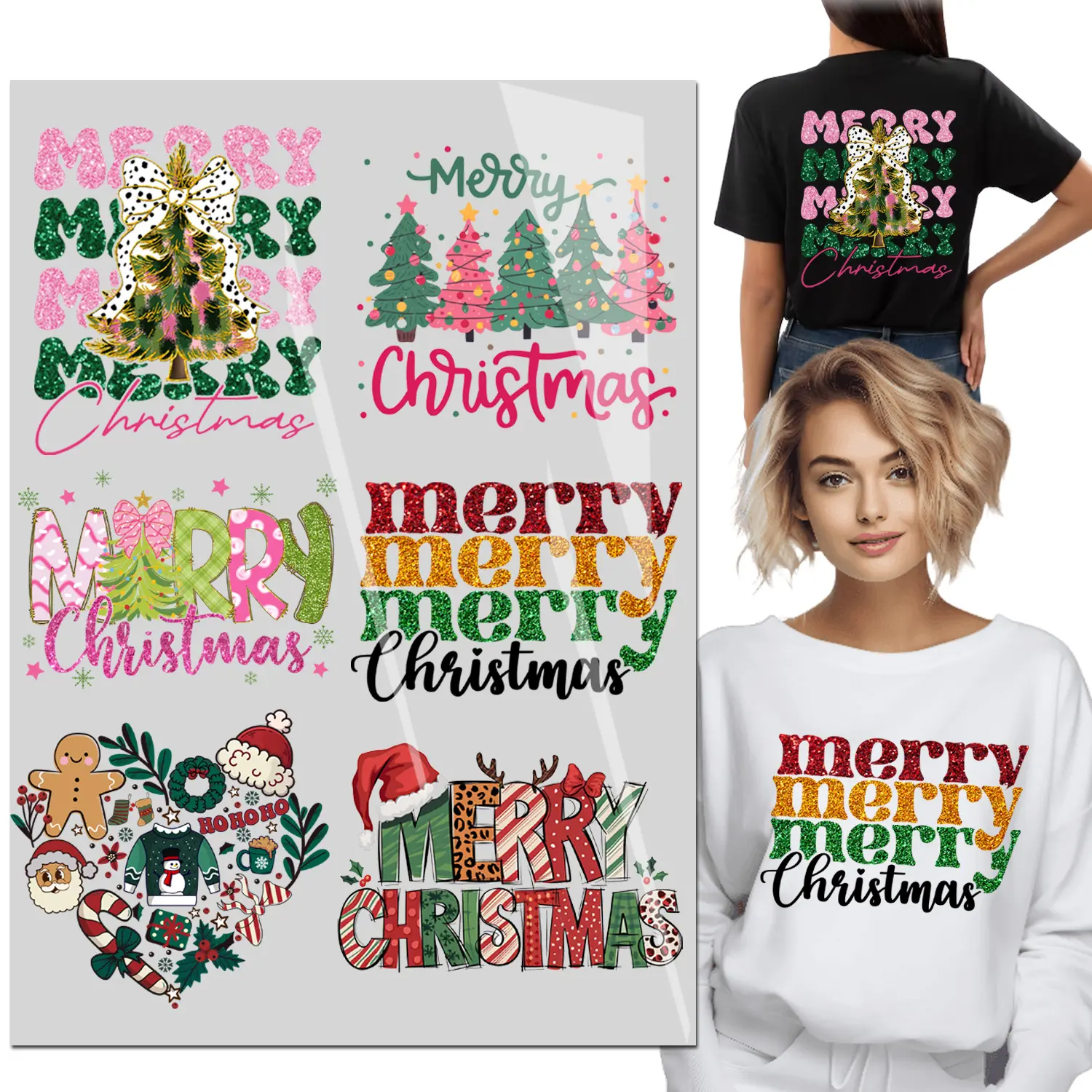6Sheet Cute Pink red Merry Christmas Iron on Heat Transfer Stickers Halloween Iron on Patches Pumpkin Ghost Witch Iron on Decals Halloween Iron on for T Shirt Pillow Cover DIY dtf transfer