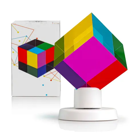 2-Inch Cyan,Yellow,Magenta Acrylic Magic Cube Block - Quiet Fidget Toy for Focus, Silent Spin, Unisex Optical Art Desk Decor with Display Stand, Gift Box-Packaged Perfect Gift for Artists (Age 5+)