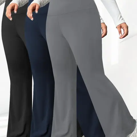 【Plus Size】 Solid High Waist Casual Elastic Waisted Flare Leg Leggings High Waisted Design, Casual Comfy Stretchy Breathable High Elastic Pants for Daily Wear, Casual Lounge Pant, Casual Fitted Pants, Women's Bottoms for All Seasons
