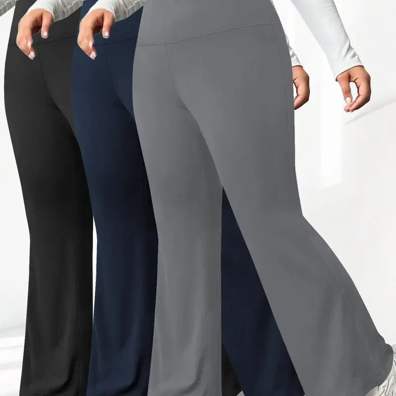 【Plus Size】 Solid High Waist Casual Elastic Waisted Flare Leg Leggings High Waisted Design, Casual Comfy Stretchy Breathable High Elastic Pants for Daily Wear, Casual Lounge Pant, Casual Fitted Pants, Women's Bottoms for All Seasons