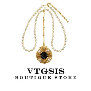 Luxury Pearl & Gold Necklace | Statement Black Gemstone Pendant | Intricate Filigree Design | Vintage-Inspired Elegance for Formal Events & Gifts