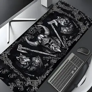 Viking Pirate Wolf & Axe Pattern Mouse Pad, Large Gaming Mouse Pad, Aesthetic Desktop Decoration Protective Pad, Non-slip Rubber Pad, Mousepad