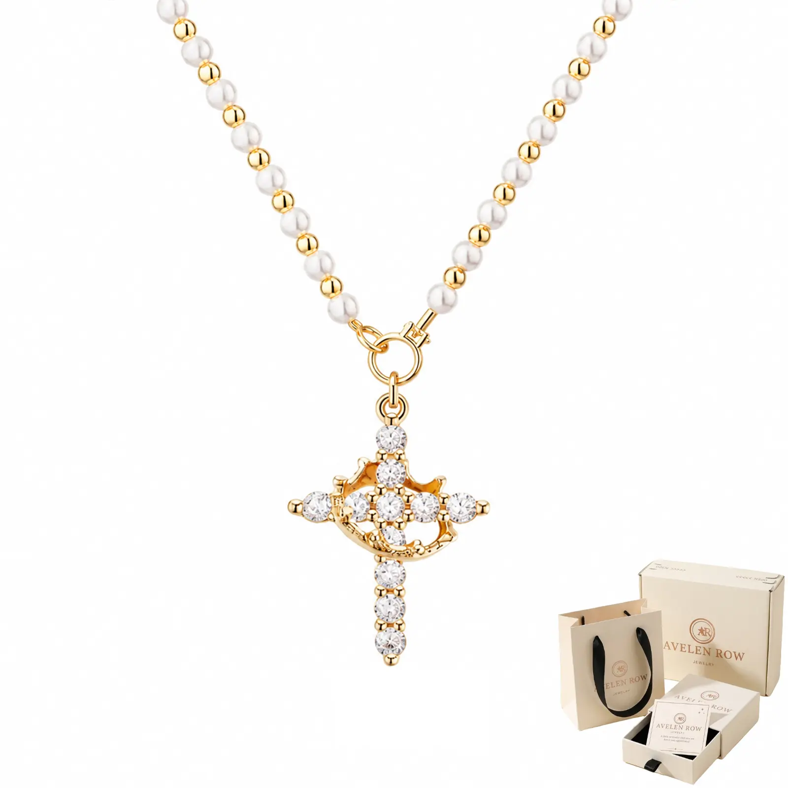 14K Gold-Plated CZ Cross and Rotating Crown Pearl Necklace for Women, Christian Gift for Baptism, Confirmation and Birthday