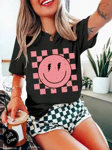 Women's Cartoon Smile Face & Plaid Print Round Neck Tee, Fashion Casual Short Sleeve T-shirt for Daily Wear, Ladies Clothes for All Seasons