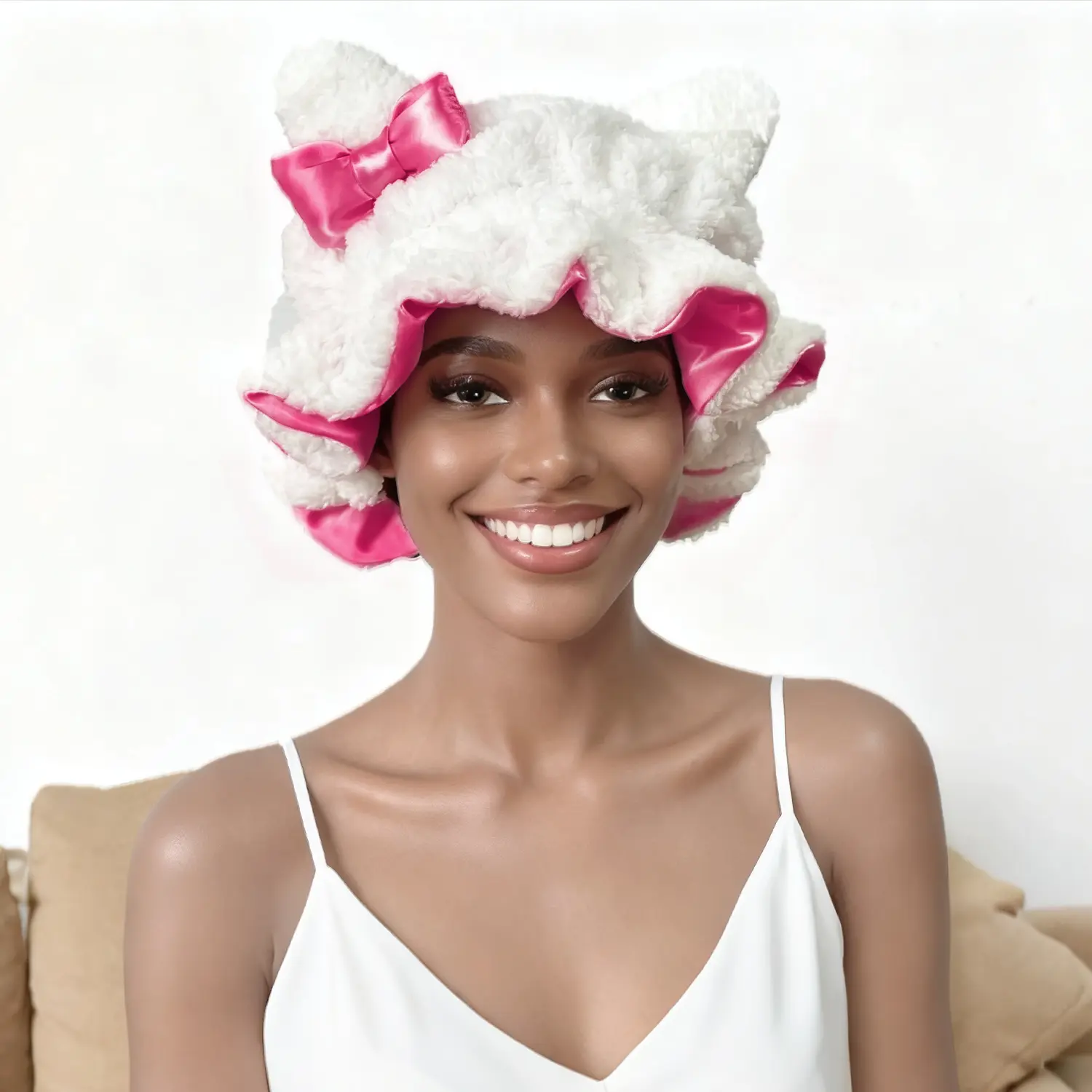 Women's Luxury Silk Satin Teddy Bonnet with Cute Ears, Soft Lining, Scottish Style, Heatless Hair Styling Haircare Solution, Night Wear Sleep Cap for Hair Smoothness & Daily Protection