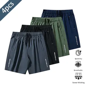 Men's athletic shorts pack of 4 - breathable activewear made with stretchy, lightweight moisture-wicking fabric; elastic drawstring waistband & side pockets perfect for running, the gym, & beach volleyball