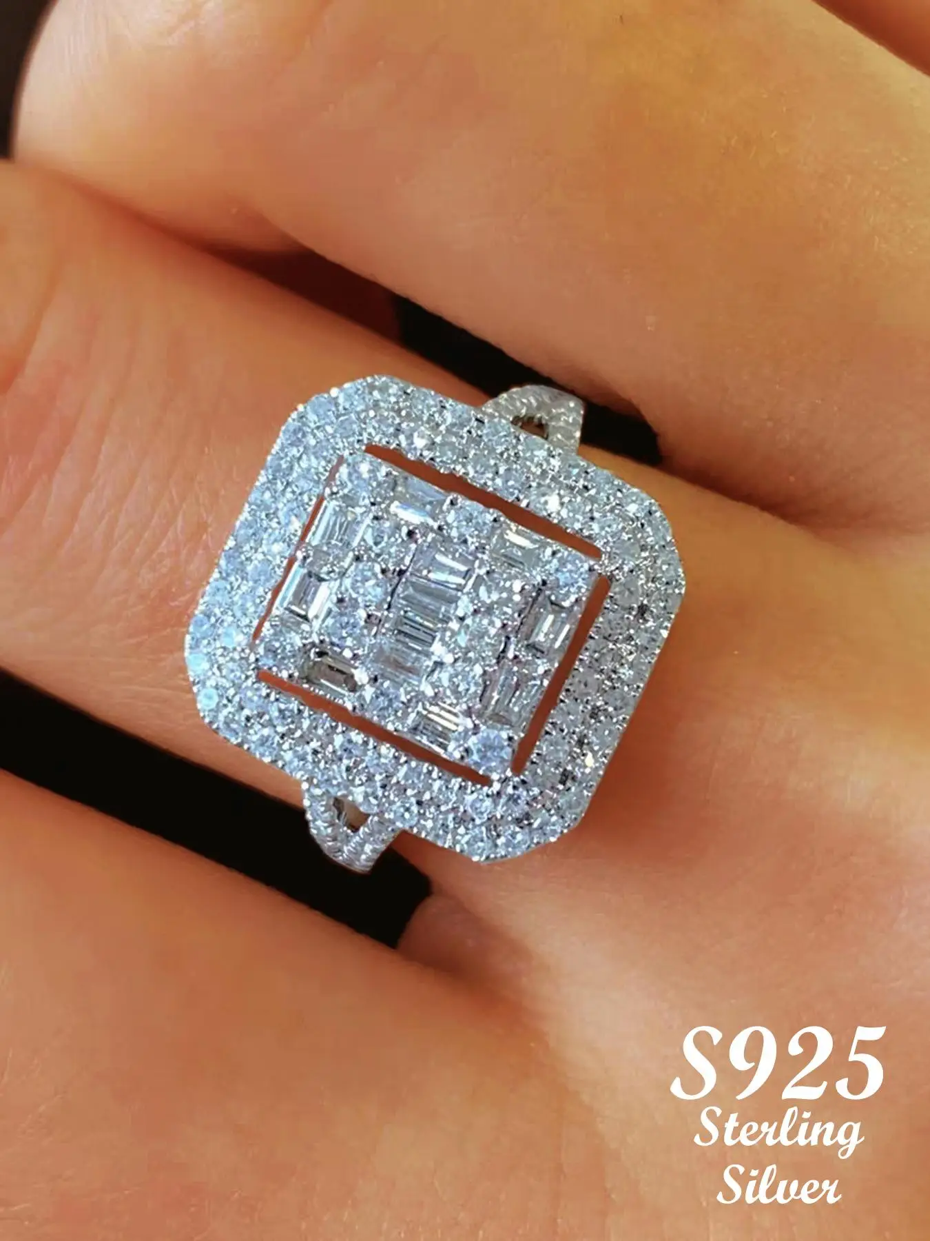 S925 Sterling Silver Promise Ring, Luxury Square Shaped Artificial Zircon Decor Ring, Summer Gorgeous Rhinestone Decor Wedding Ring for Women, Fashion
