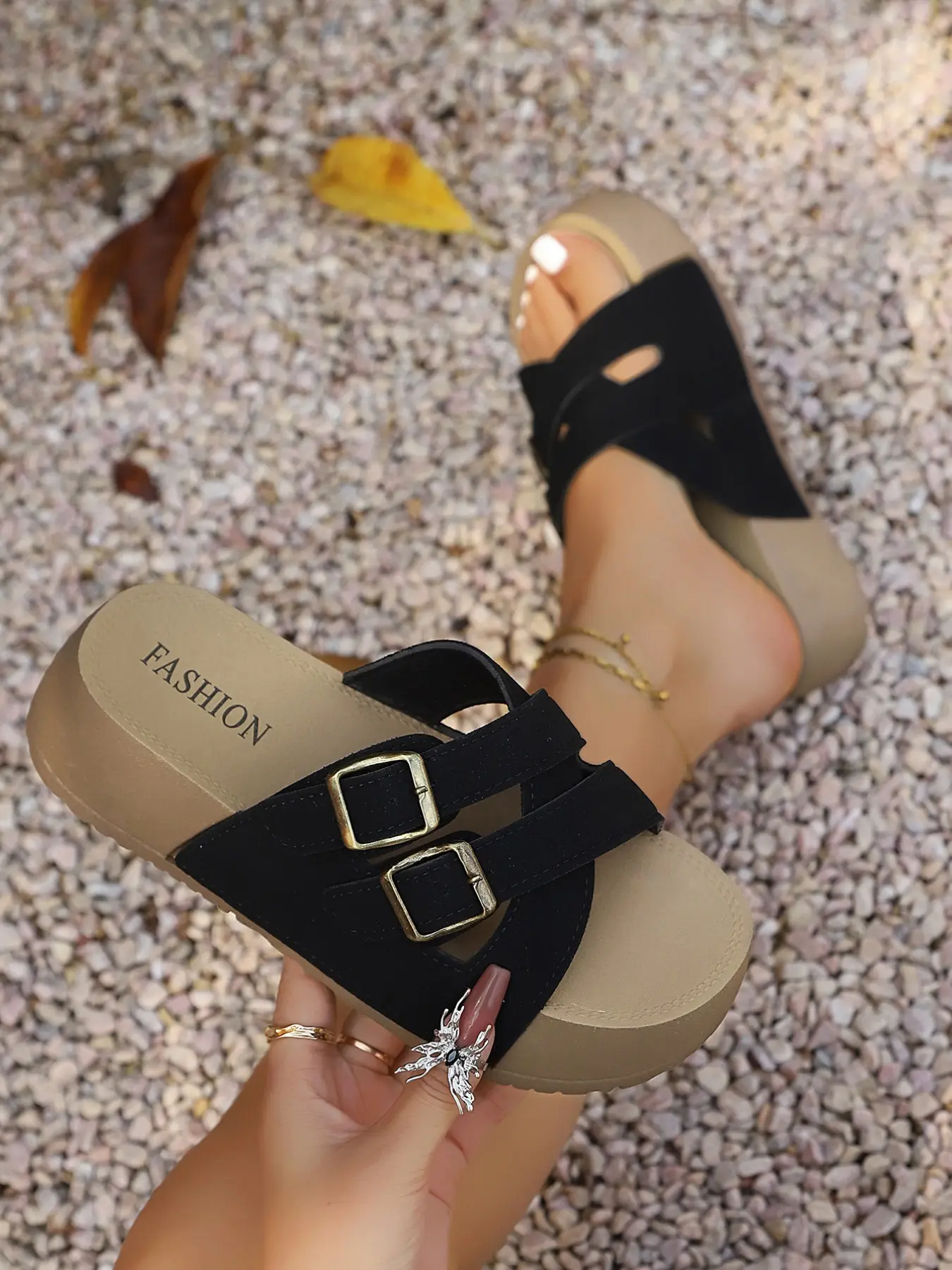 and Two-Color Dual Buckle Thick Sole Sandals, Casual Summer Footwear, Soft and Elastic, Non-Irritating, Comfortable for Daily Wear, Commuting, Shopping