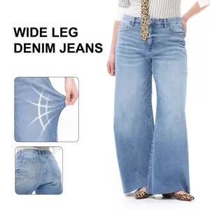 ONESO Women's Medium Blue Plus Size Wide Leg Jeans Mid Rise Casual Comfort Denim Pants  Raw Cut Hems Baggy Denim Zipper Fly Designed Casual Style Summer #SummerVibes