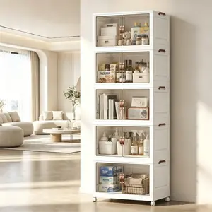 5-Tier Foldable Storage Cabinet with Clear Doors & Wheels, Large Capacity Stackable Storage Organizer for Bedroom, Living Room & Closet Collapsible Multifunctional Bins gold design