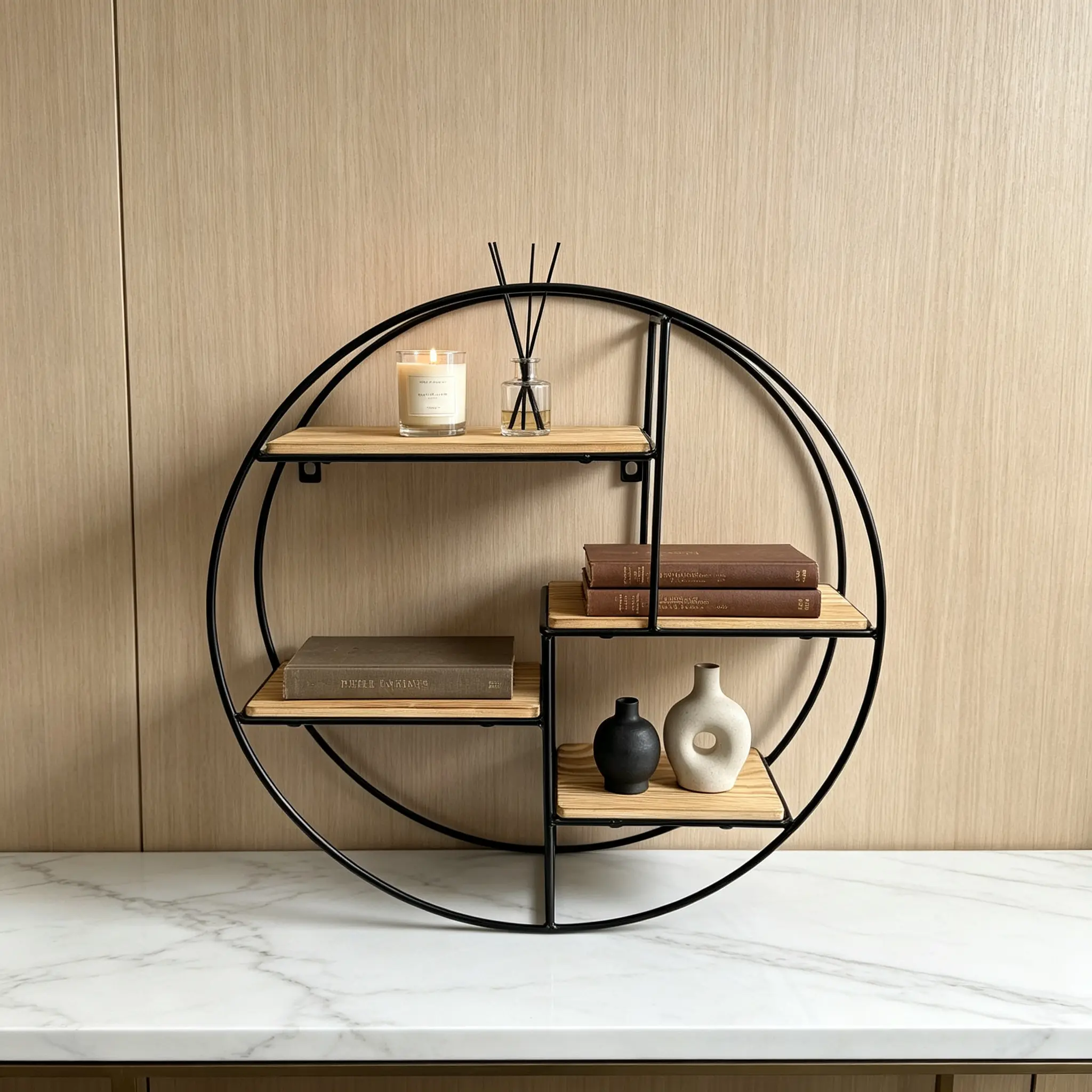 Round Metal Floating Wall Shelves - Modern Circle Storage Racks with Wooden Boards, Industrial Wall-Mounted Organizers for Living Room, Bedroom