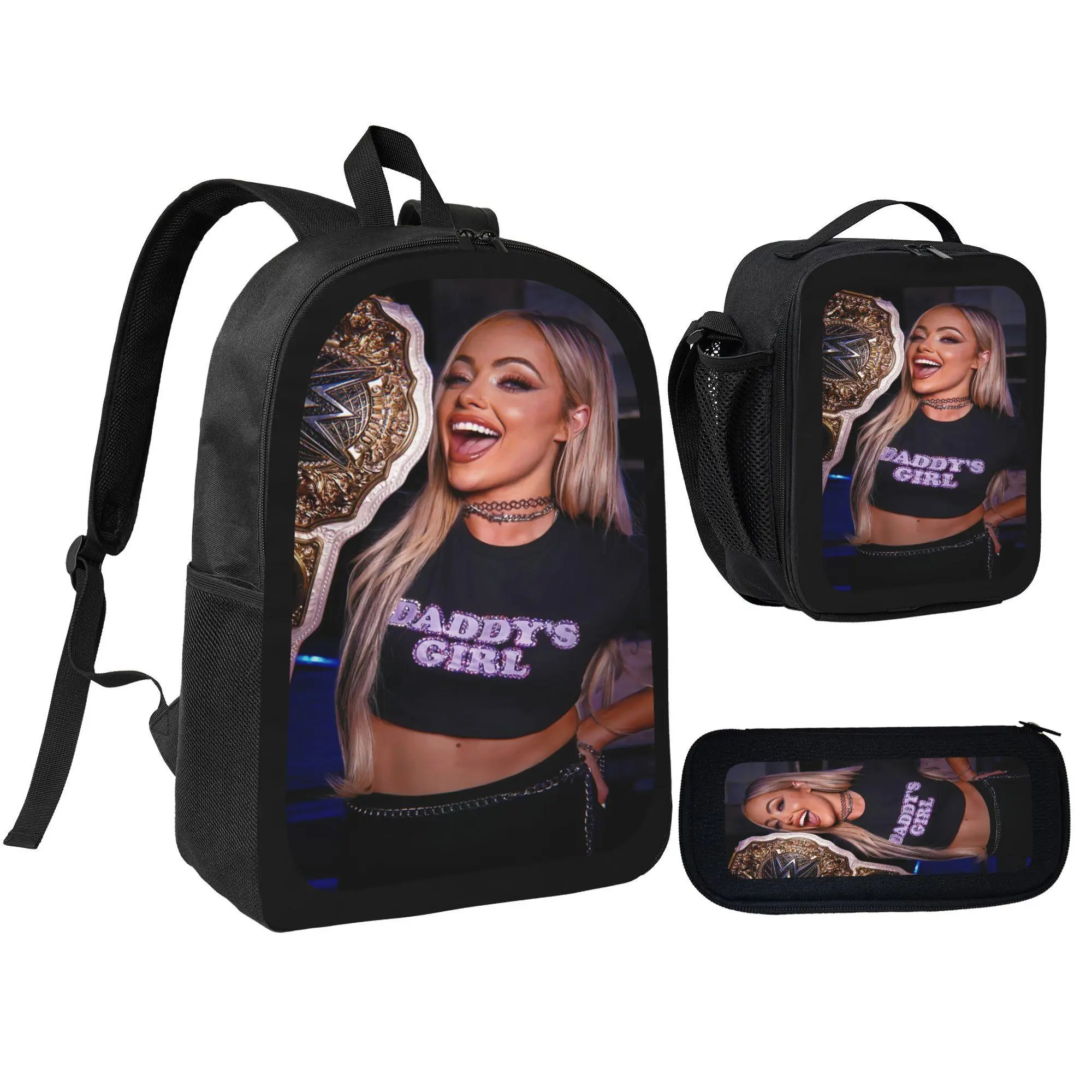3Pcs Backpack Set WWE Liv Morgan Daddy's Girl Wrestler With Lunch Bag Pencil Pouch School Bag For Teen Girls Kids Students