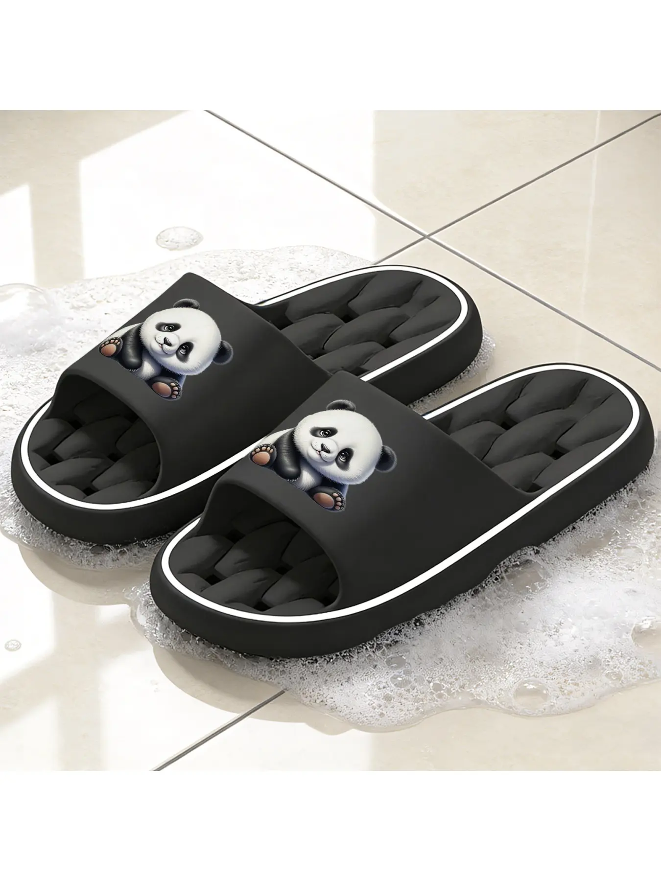 Cute Adorable Panda Print Hollow Out Sole Slippers Breathable Slides For Indoor And Outdoor Wear Lightweight Washable Non Slip Wear Resistant Thick Sole Slippers Unisex Summer Casual Slippers Quick Drying Slide
