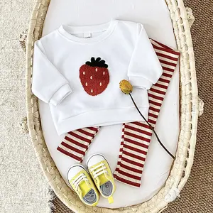 Spring & Autumn Sweet Baby Outfit Strawberry Patched Round Neck Sweatshirt + Red & White Striped Pants Gentle Two-Piece Set