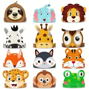 12pcs, Jungle Safari Hat Birthday Party Crown Wild Animals Theme Game Fun Headwear Decor