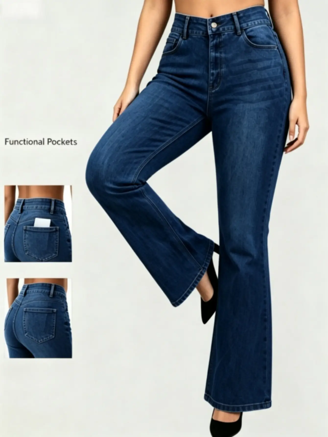 Women's High-Rise Magic Denim Jeans - Stretchy, Feminine, Loose Flare Bell-Bottoms, Distressed Feminine Bottoms, WH53
