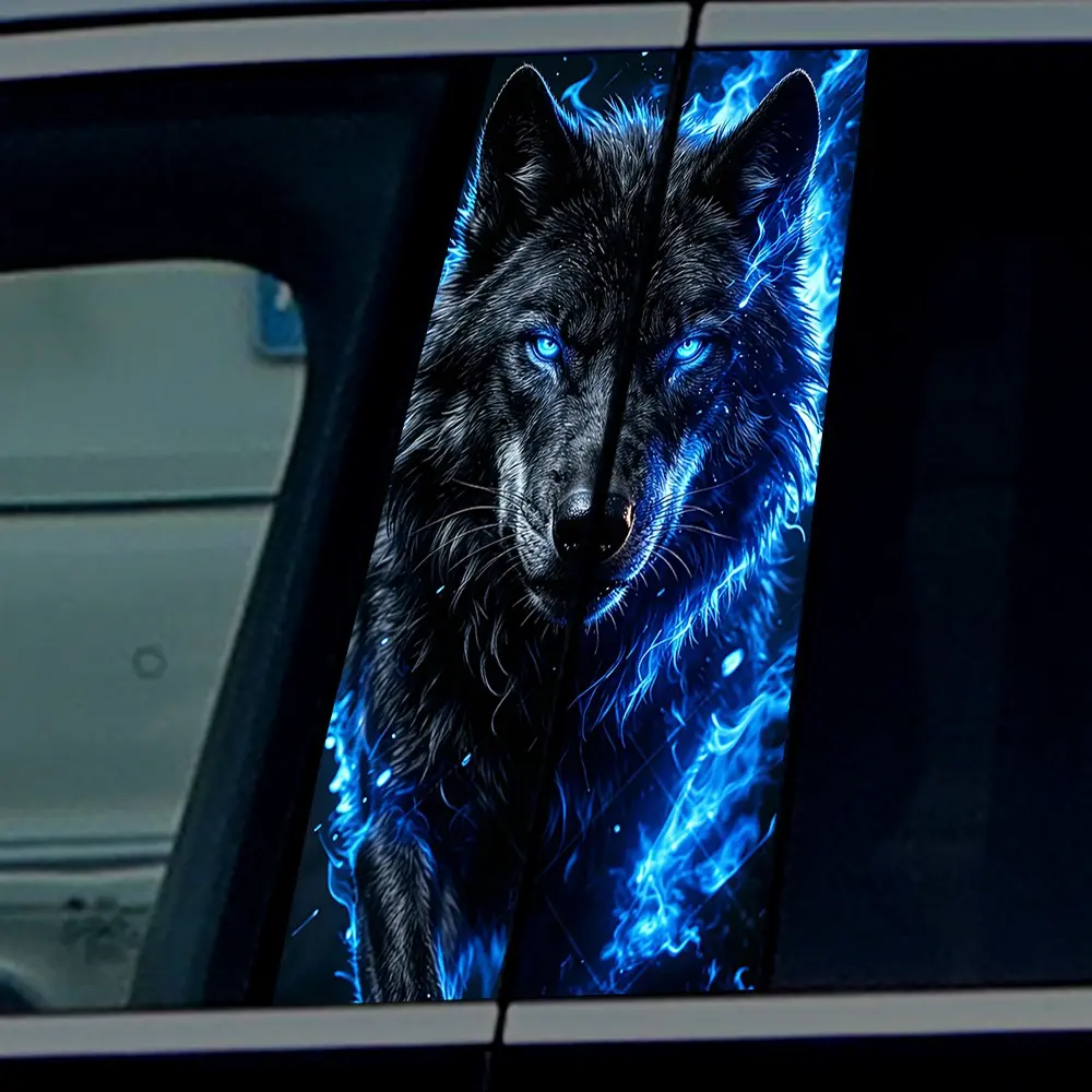 Flame Wolf Tiger B Pillar Sticker, Cool Animal Flame Design Car Center Column Waterproof Outdoor Decorative Decal, Stylish Vehicle Accessories, Car Decals, Decal For Cars, Automotive Decoration