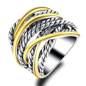 Mytys Two Tone Statement Rings for Women Wire Intertwined Design Band Ring Wide Index Finger Rings Costume Jewelry
