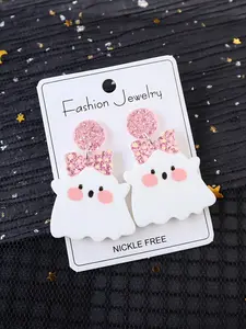 A Pair of Halloween Acrylic Blingbling Earrings Pink Bow Ghost Cute Funny Sweet Earrings Party Holiday Gift Earrings