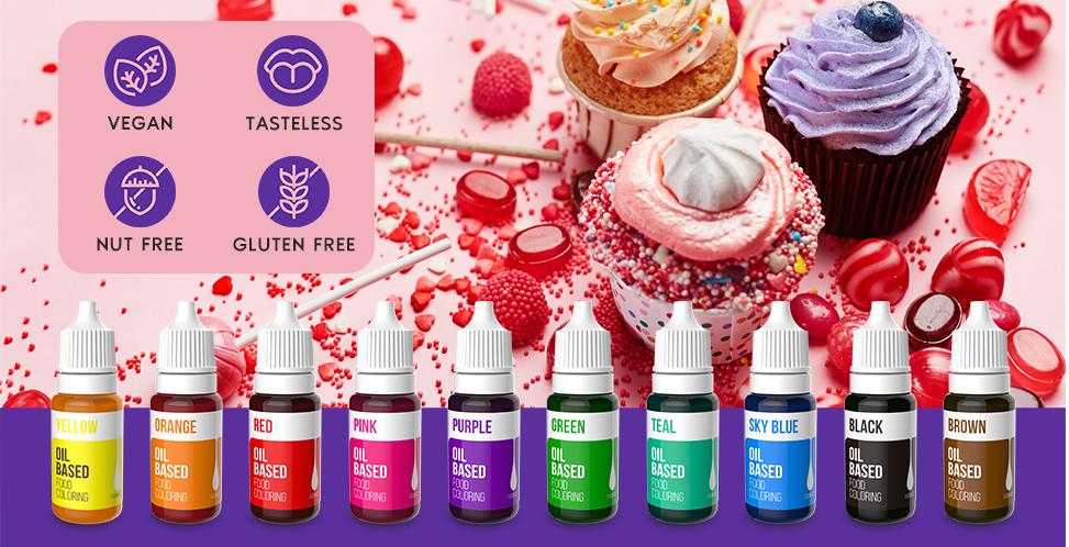 Ultra-Vibrant Edible Oil-based Food Coloring 10 Set, Edible Food Dye Butter Ideal for Chocolate, Candy Melts, Baking (Cakes, Cookies, Icing, Fondant, Meringues) 0.35 Fl. Oz Bottles Bake Nata