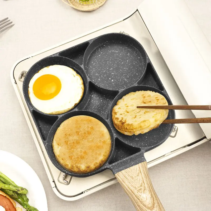 Non Stick Egg Pan 1 Count 4 Holes Skillet with Handle for Frying Eggs Pancakes Durable Ceramic Coating Easy to Clean Versatile for Gas Induction Cooktops 3-in-1 Multi-Function Design Cookware