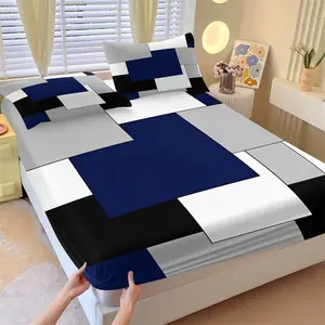 Mondrian Style Geometric Print Fitted Sheet Set & 2 Coreless Pillowcases, Navy Blue, Black, White and Gray Squares Patchwork Design, Soft Anti-Slip Mattress Protector, Minimalist Bedroom Decor, Gift Choice