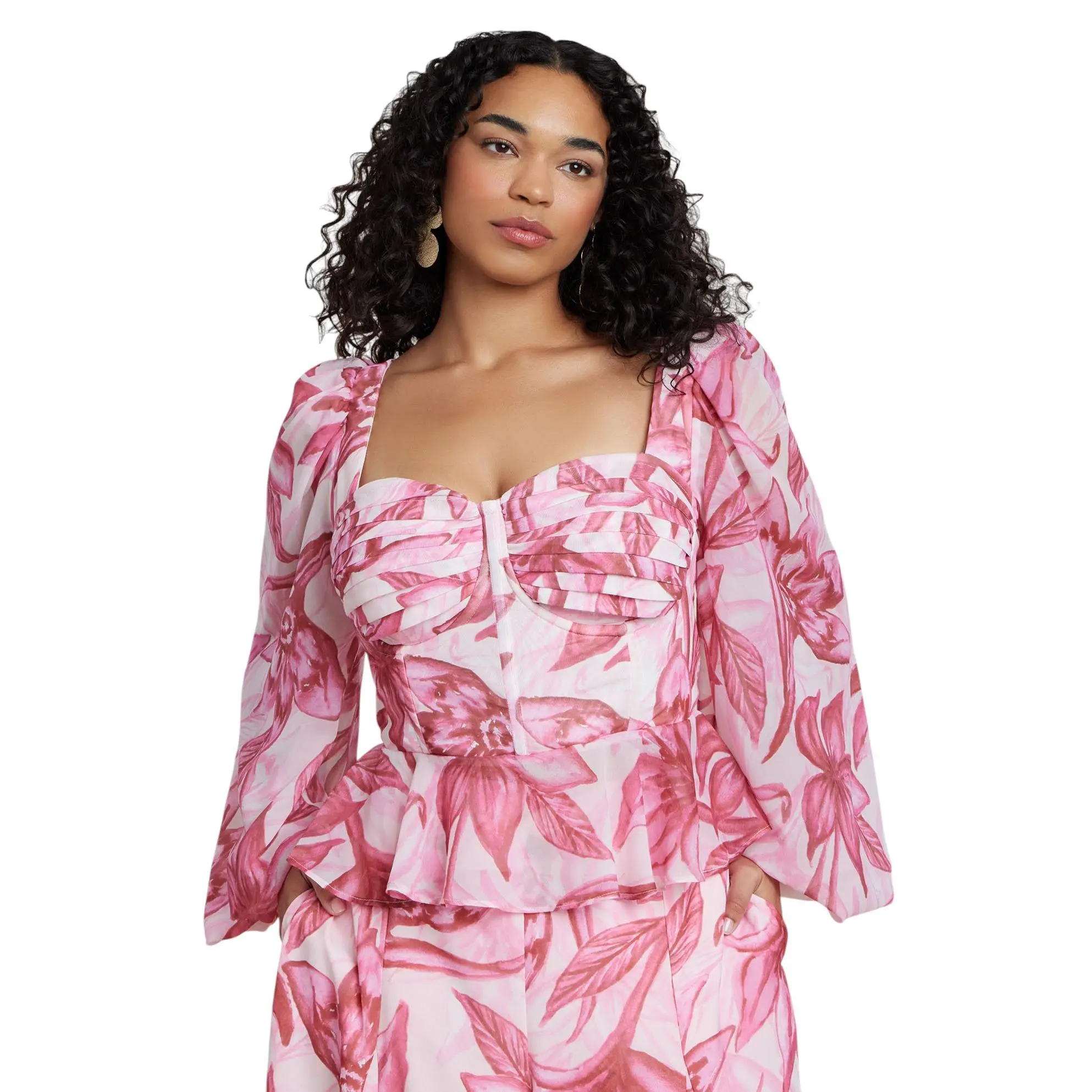 ELOQUII Women's Plus Size PatBO x ELOQUII Puff-Sleeve Peplum Top