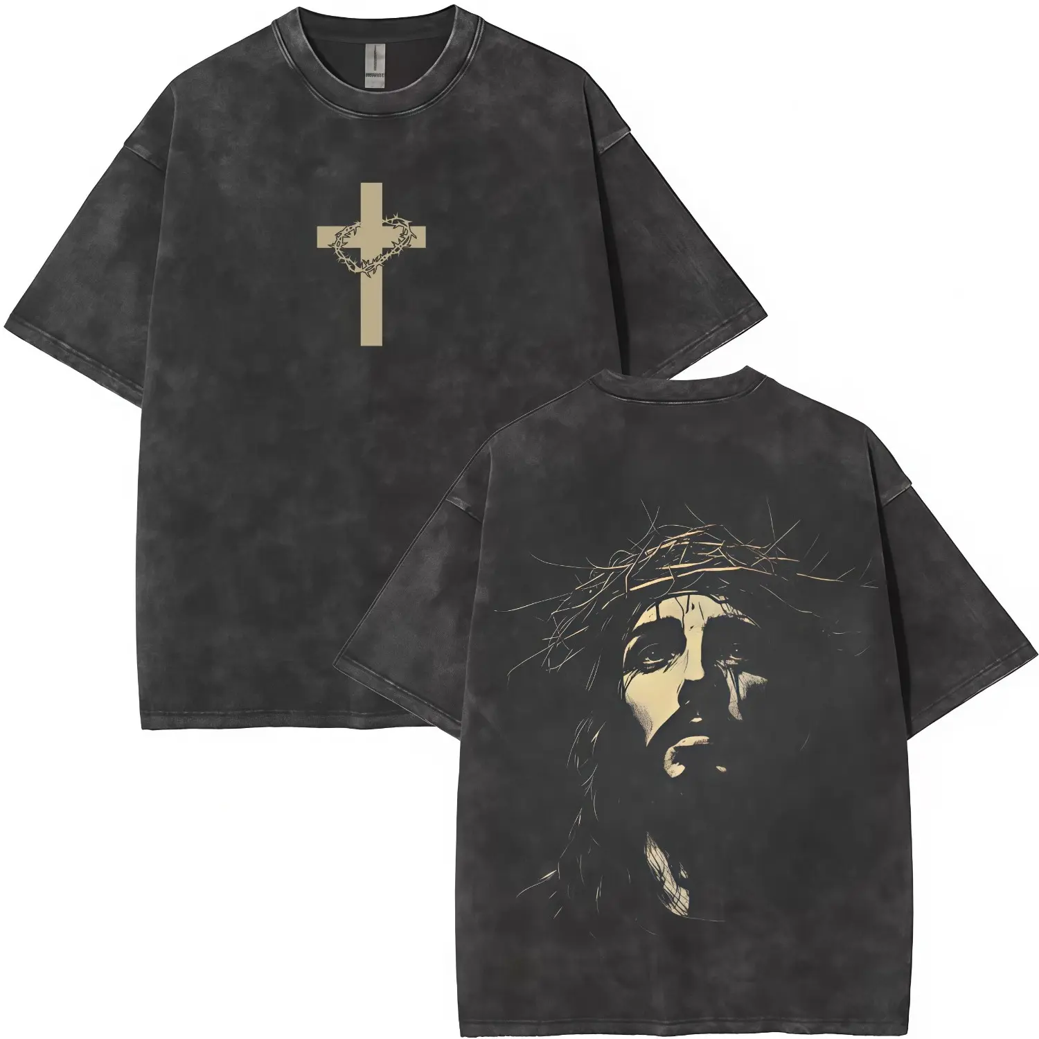 Jesus & Crown of Thorns Graphic Tee for Men - Vintage Washed Oversized Short Sleeve Shirt white fuck Organic Cotton Soft Tee casual vibe summer tee