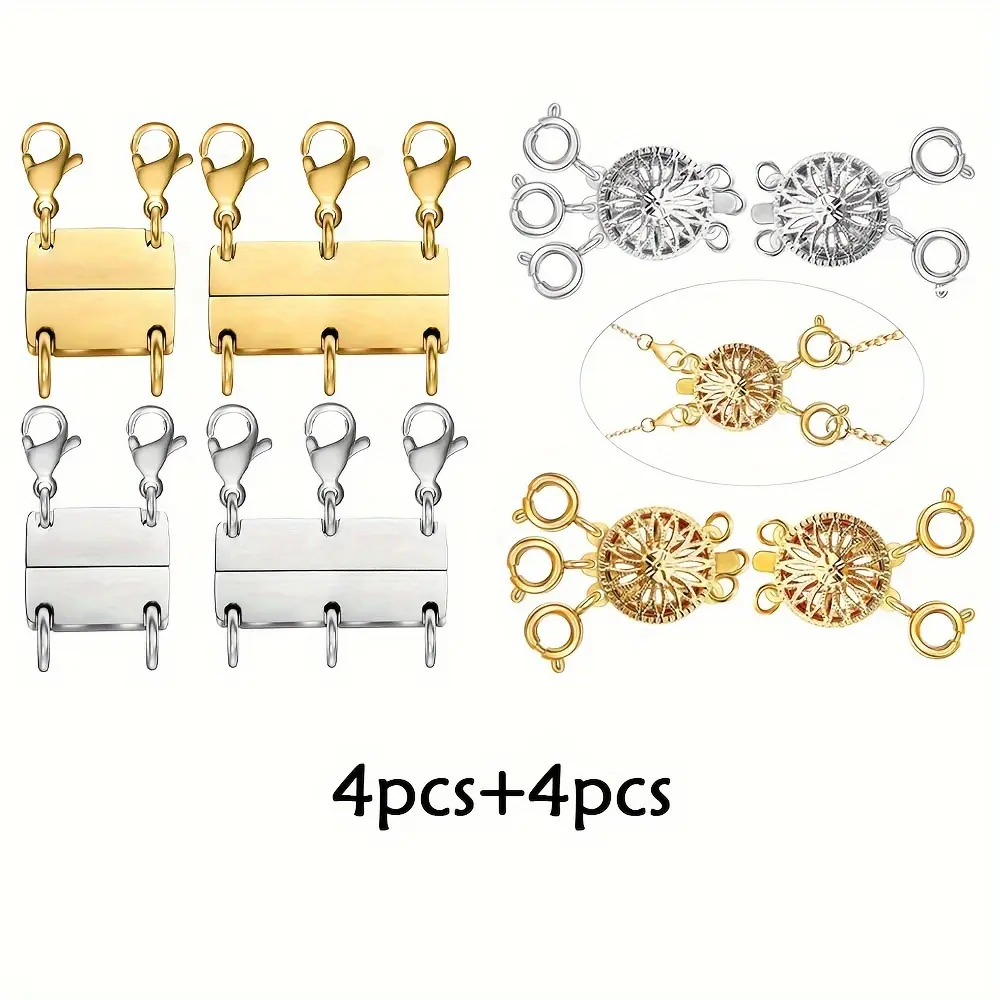 Jewelry Making Metal Clasps & Closures Set - 4pcs Safety Clasps, 4pcs Separator Beads Chain Extenders for Women’s Multiple Layered Necklaces, Metal Clasp