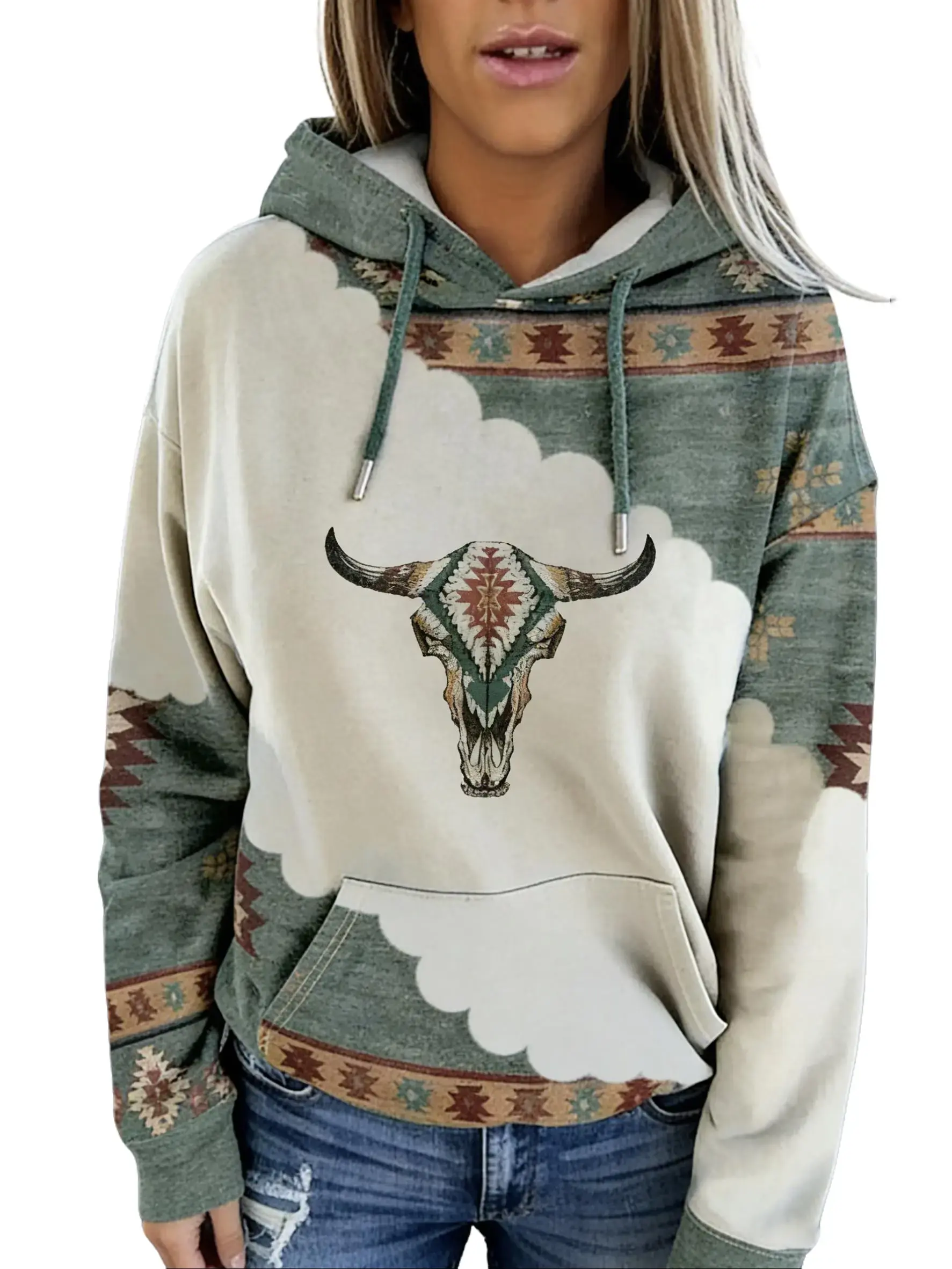 Women's Winter Hoodies Western Ethnic Hoodies Tribal Bull Head Print Pullover Hoodies Graphic Hoodie Sweatshirts for Women Clothes Daily Wear
