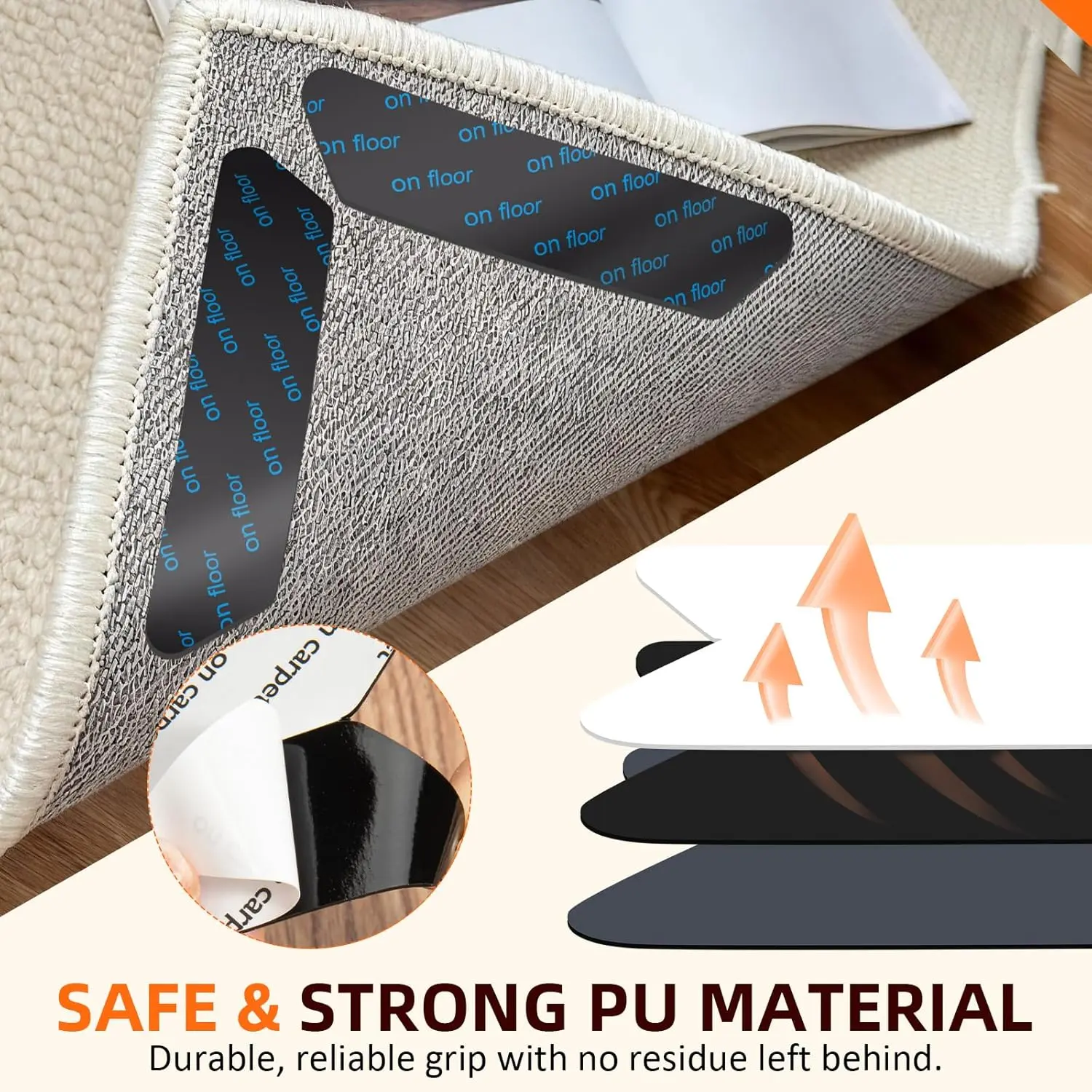 Anti-Slip Carpet Tape 4-Piece Pack, Premium Rug Gripper with Anti-Curl Pad for Curling Prevention & Corner Flattening, Indoor Use