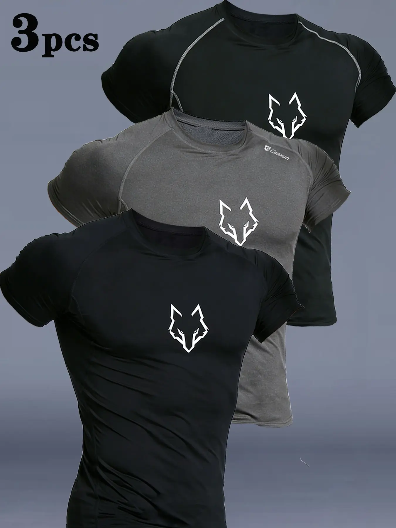 Men's Running Compression Sports T-Shirt, Quick Dry Sweat-Wicking, Fashion Wolf Head Print Design, 3 Pack, Short Sleeve, Universal Fit
