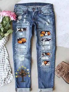 Halloween Fashion Diamond Pumpkin Print Ripped Mid-Waist Straight Leg Women's Jeans, Comfortable Street Style Denim Jeans