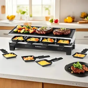 Techwood Electric Raclette Table Grill 1500W Fast Heating 2-in-1 Non-Stick Plate 8 Cheese Melt Pans for Parties & Family Fun Black grill rack electric mini
