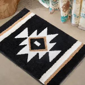Bathroom Rugs Boho Bath Mat Non Slip Black Aztec Bath Rug, Soft Absorbent Luxury Plush Washable Floor Carpet for Bathroom Shower Modern Decor 18x24