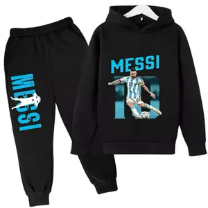 Football Star Messi Graphic Print Hooded Sweatshirt + Trousers Set For Older Boys And Girls