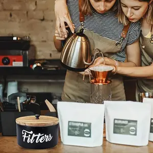 1pc Black and White Farmhouse Style Coffee Filter Storage Container with Wooden Lid, Reusable Round Basket for Kitchen Counter, Shop Accessories, Home Decor Tea Boxes Organiser