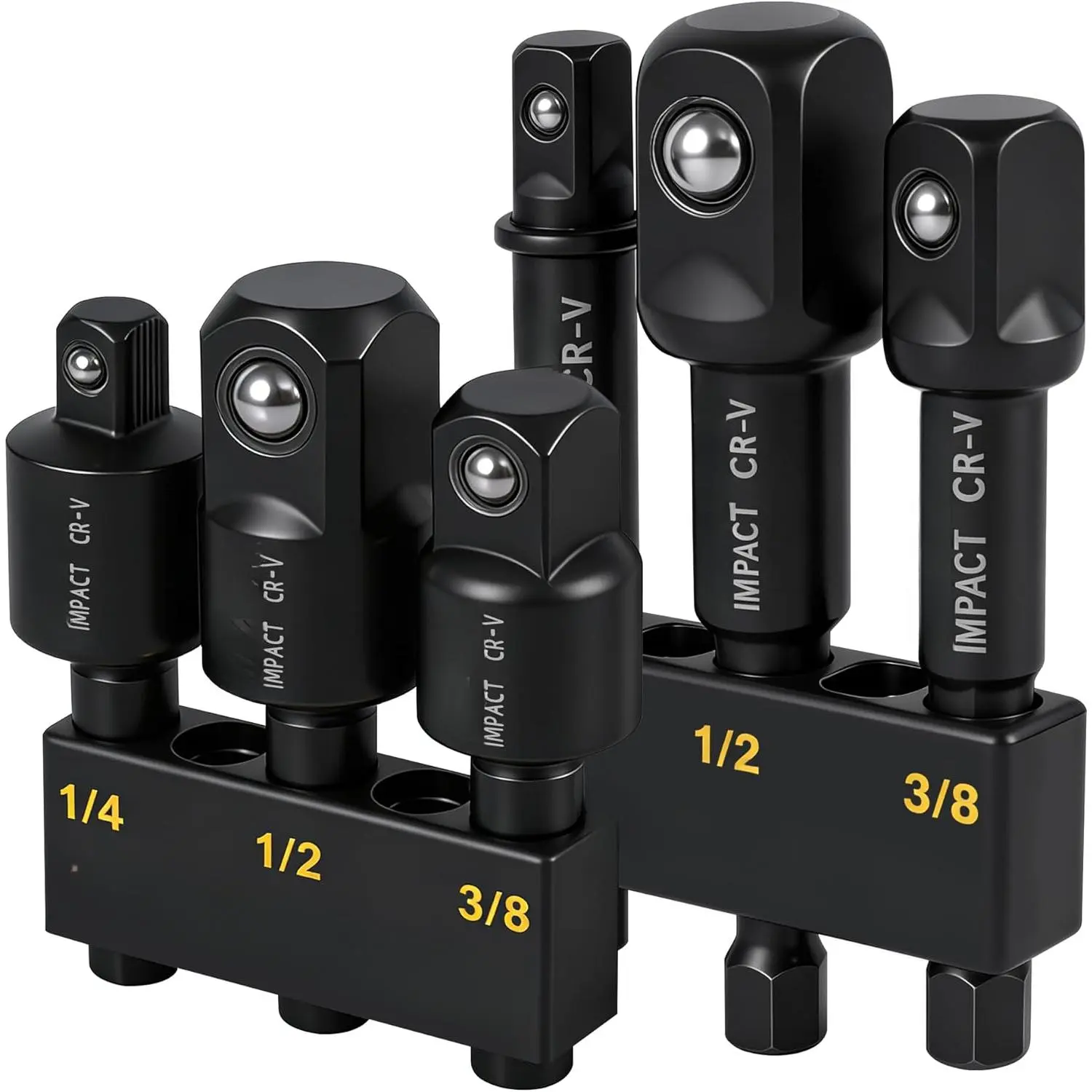 Impact Socket Adapter Set, 6-Piece 3" Extension Bit With Holder, 1/4", 3/8", and 1/2" impact socket adapter & Universal Joints drill socket adapter