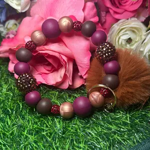 Chocolate covered berries, wristlet keychain color scheme chocolate, burgundy, golden and bling beads made with  wire