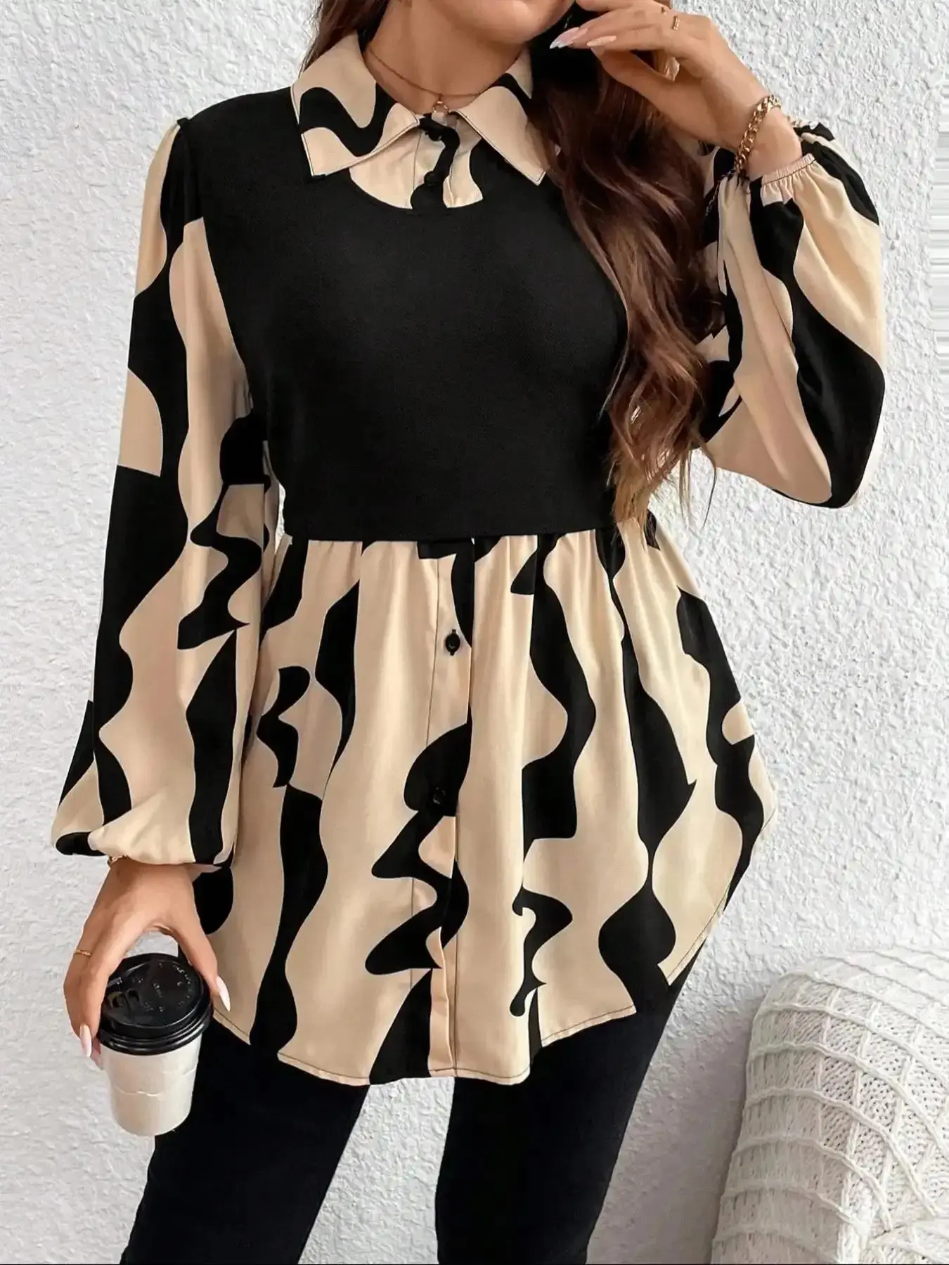 Plus Size Geometric Printed Collared Long Sleeve Blouse with Button Front Design, Contemporary Fitted Silhouette for All Seasons Wear, curve friendly, inclusive fit, flattering silhouette, elevated basic
