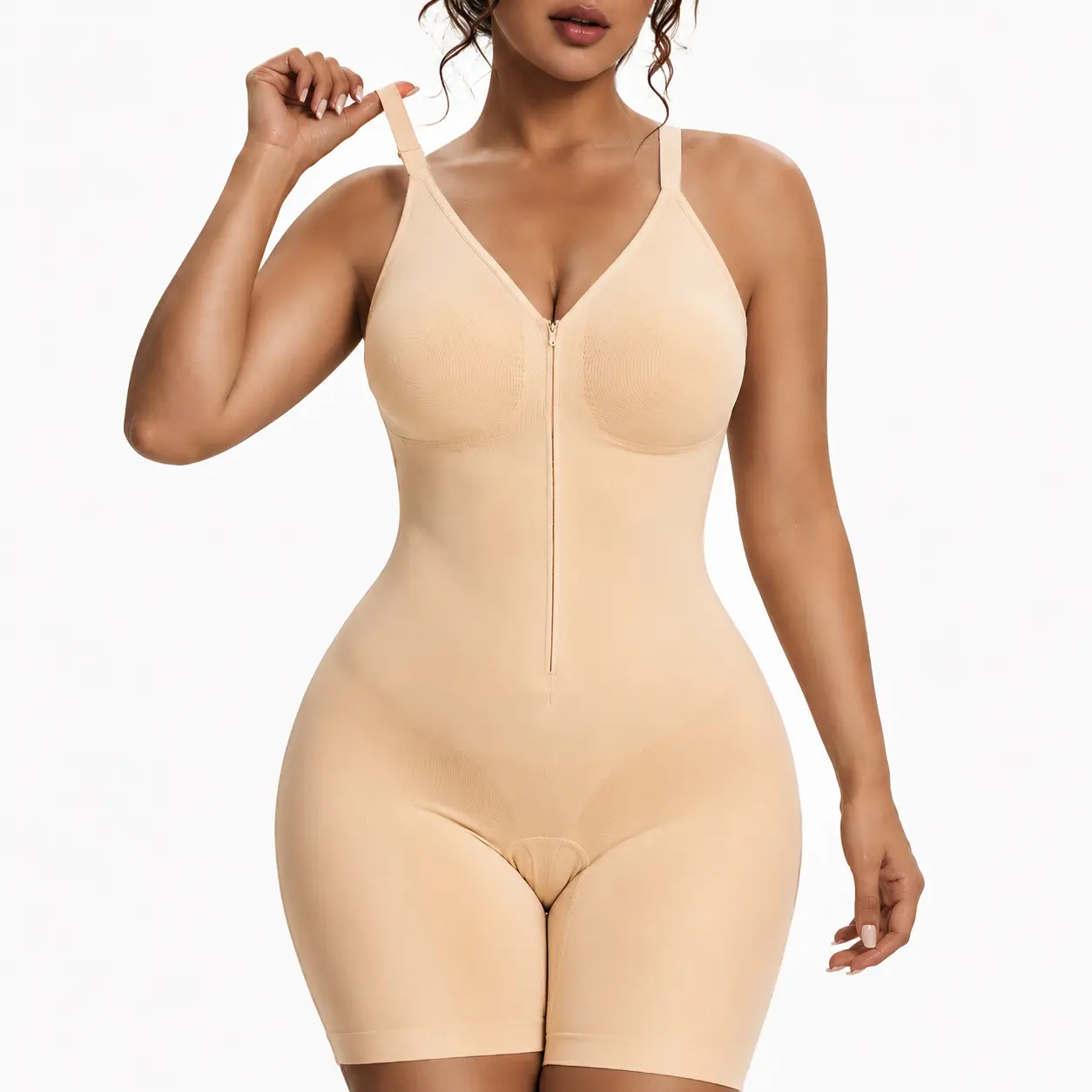 Women's Shaping Garment: A full-body shapewear garment featuring a tummy-tucking design, a built-in bra, a butt-lifting design, and an opening in the crotch area woman control bodysuit buttlifting