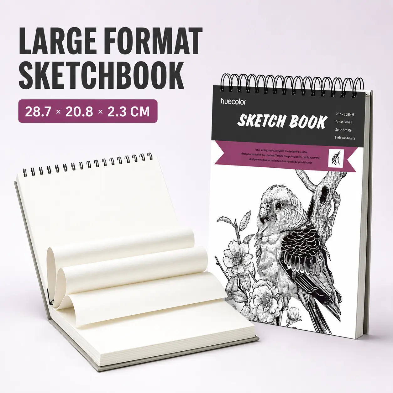 Truecolor Self-Standing Spiral Sketchbook, 100-Page, 11.3x8.2 in, for Dry Media (Office Stationery Art Supplies)