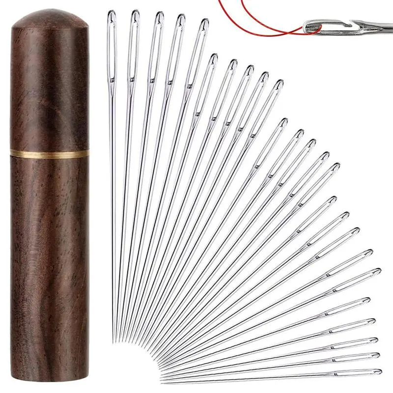 Buy 1 Get 1 Free 24pcs Stainless Steel Self-Threading Blind Tip Needles with Solid Wood Case, Home Sewing Supplies for DIY Embroidery Mending Projects