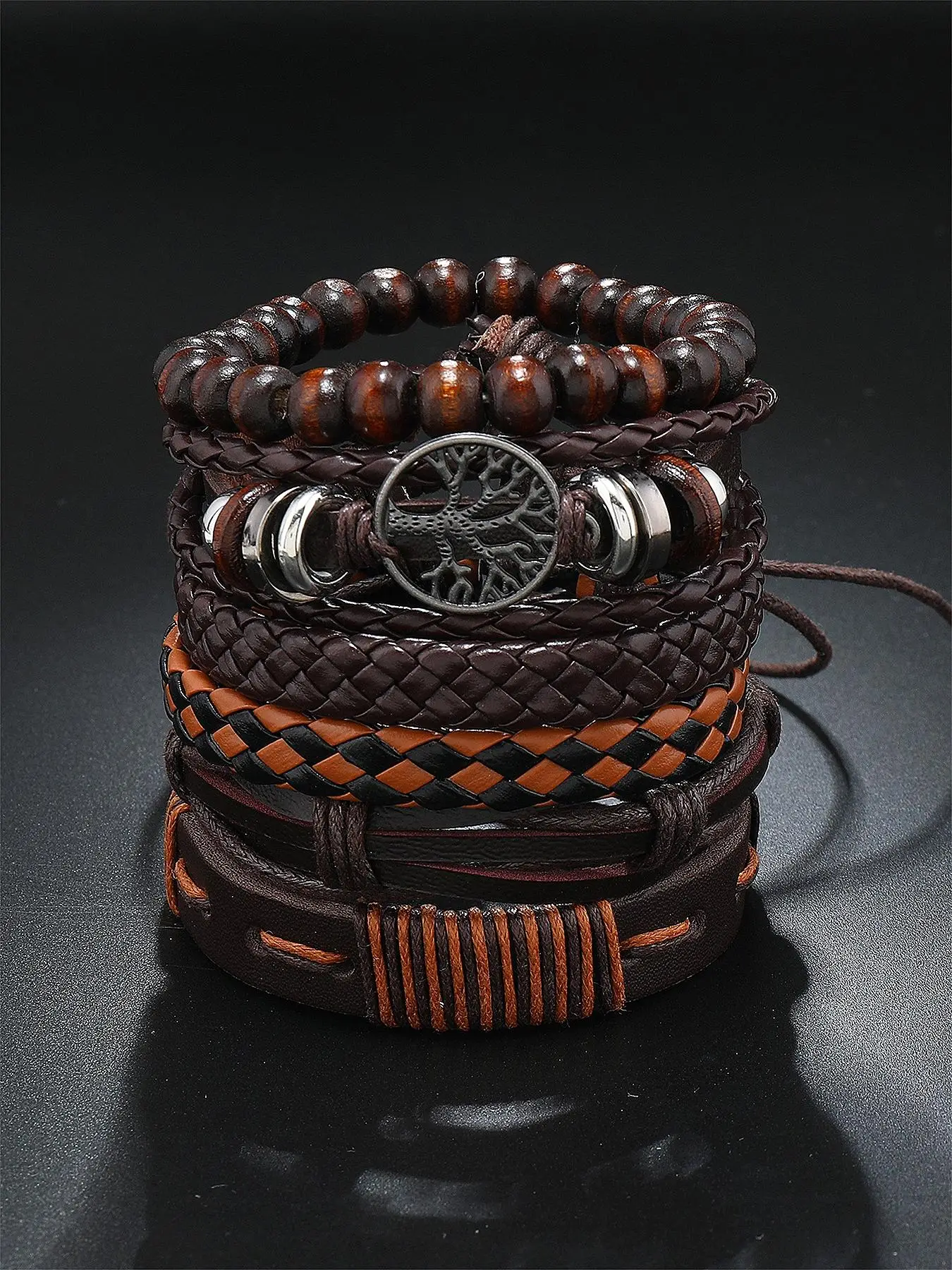 Men's Vintage Adjustable Bracelet Set (6counts/set), Beaded & Braided & Hollow Out Tree Design for Party, Daily Birthday Gift
