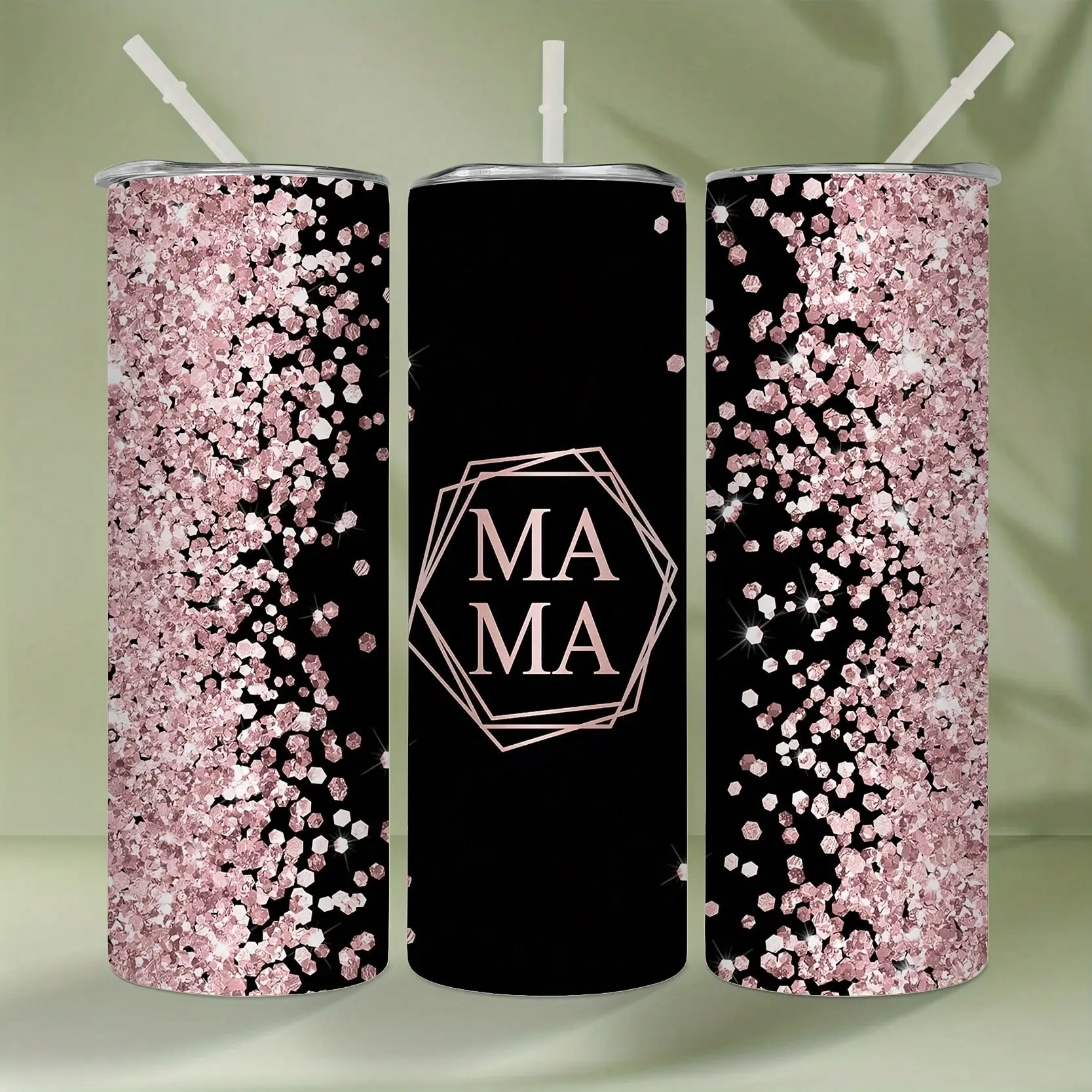 1pc mama pink glitter with lid and straw 20oz stainless steel water bottle insulated straight water cups drinkware accessories gifts