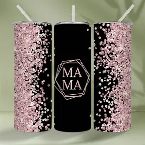 1pc mama pink glitter with lid and straw 20oz stainless steel water bottle insulated straight water cups drinkware accessories gifts